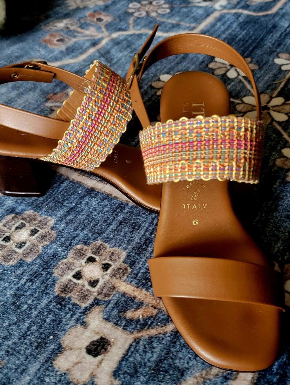 Italian Shoemaker Brown Leather Sandals with Multicolor Woven Strap